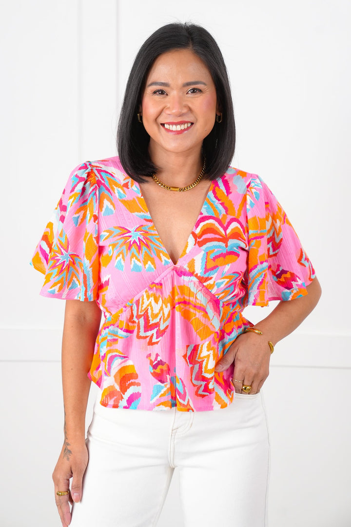 Multi Color Print Short Sleeve V Neck Flutter Top