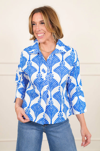 Print 3/4 Sleeve Button Up Wide Collar Top