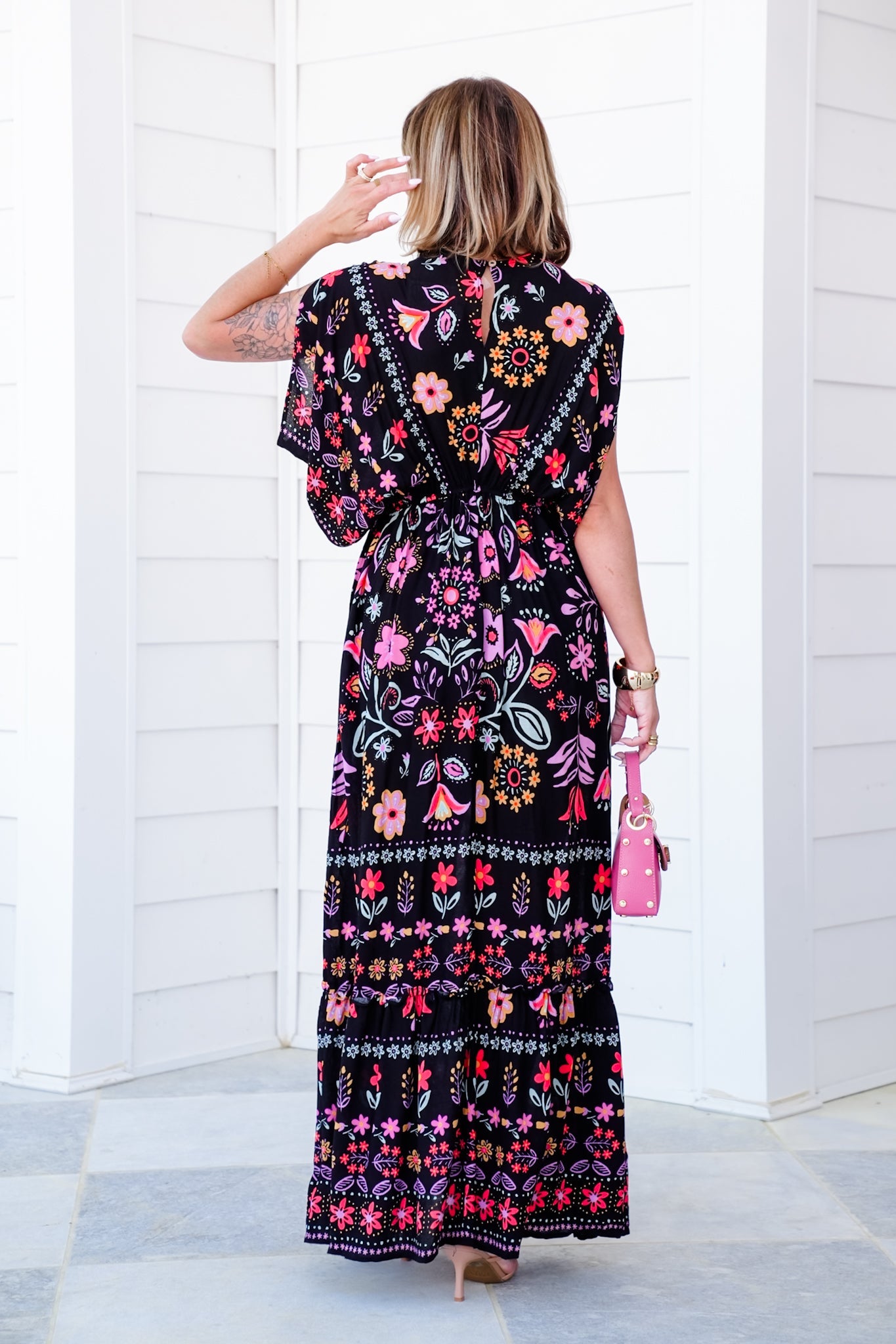Black Floral Print Short Dolman Sleeve Maxi Dress with Side Pockets