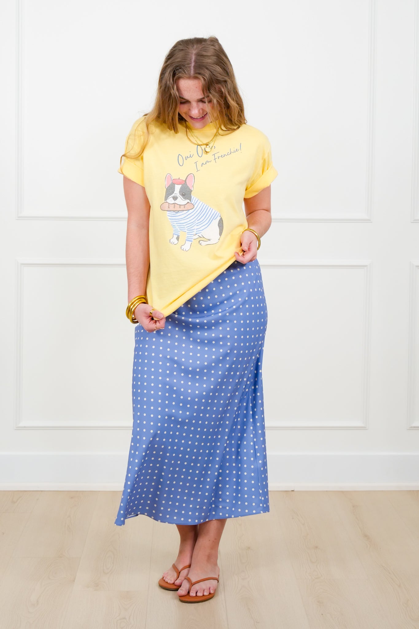 Satin Polka Dot Elastic Waist Midi Skirt