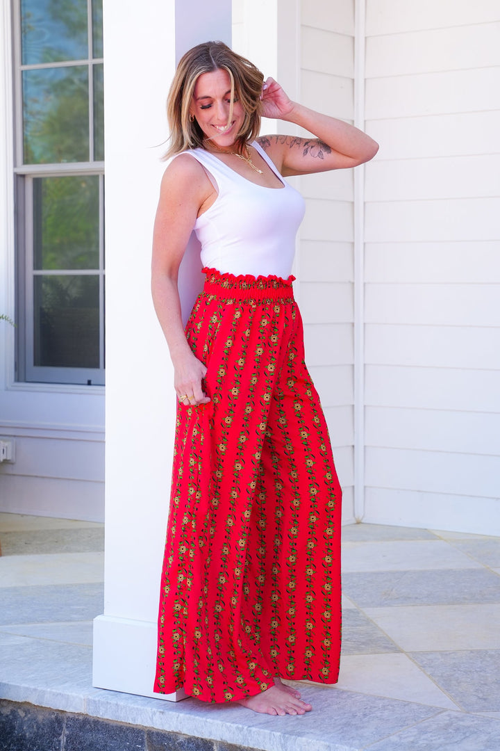 Plus/Reg Floral Print High Waist Wide Leg Pants with Side Pockets