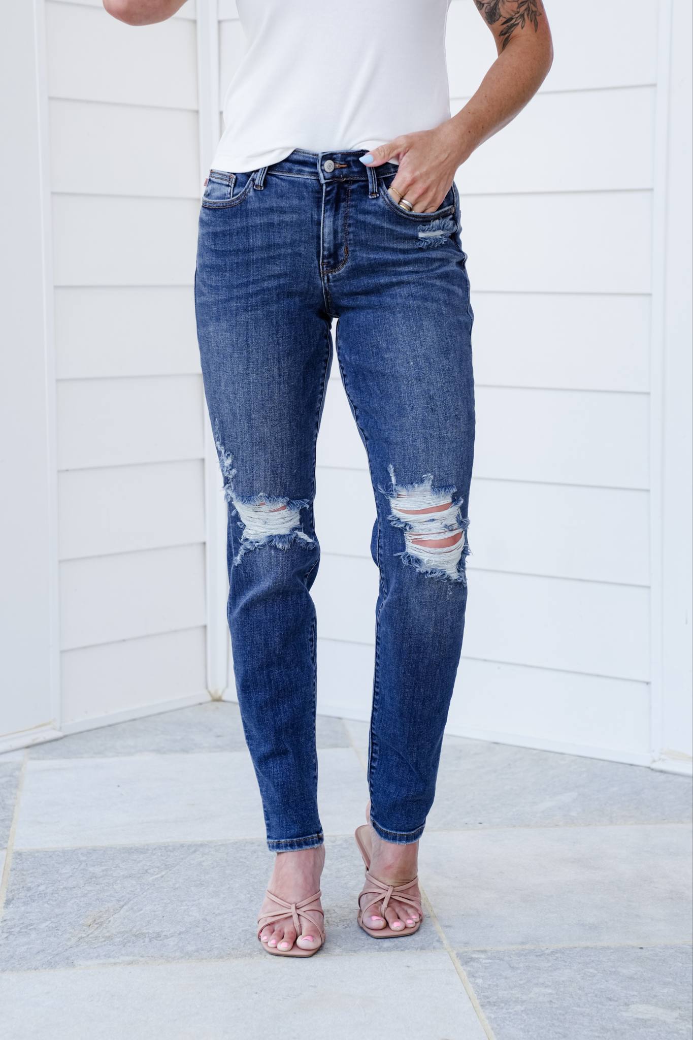 Judy Blue Mid Rise Dark Wash Distressed Boyfriend Jeans with Selvedge Like Detailed Cuff