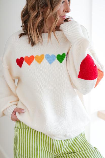 Rainbow Heart Patch Long Sleeve Pullover Sweater