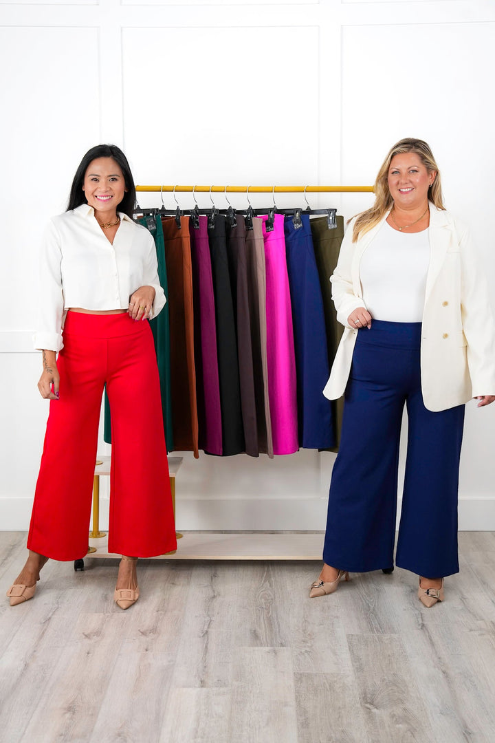 Door Buster! Plus/Reg Solid Double Knit Wide Leg Cropped Pull On Pants