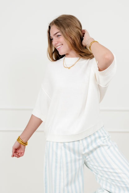 Textured Short Sleeve Round Neck Sweater Top