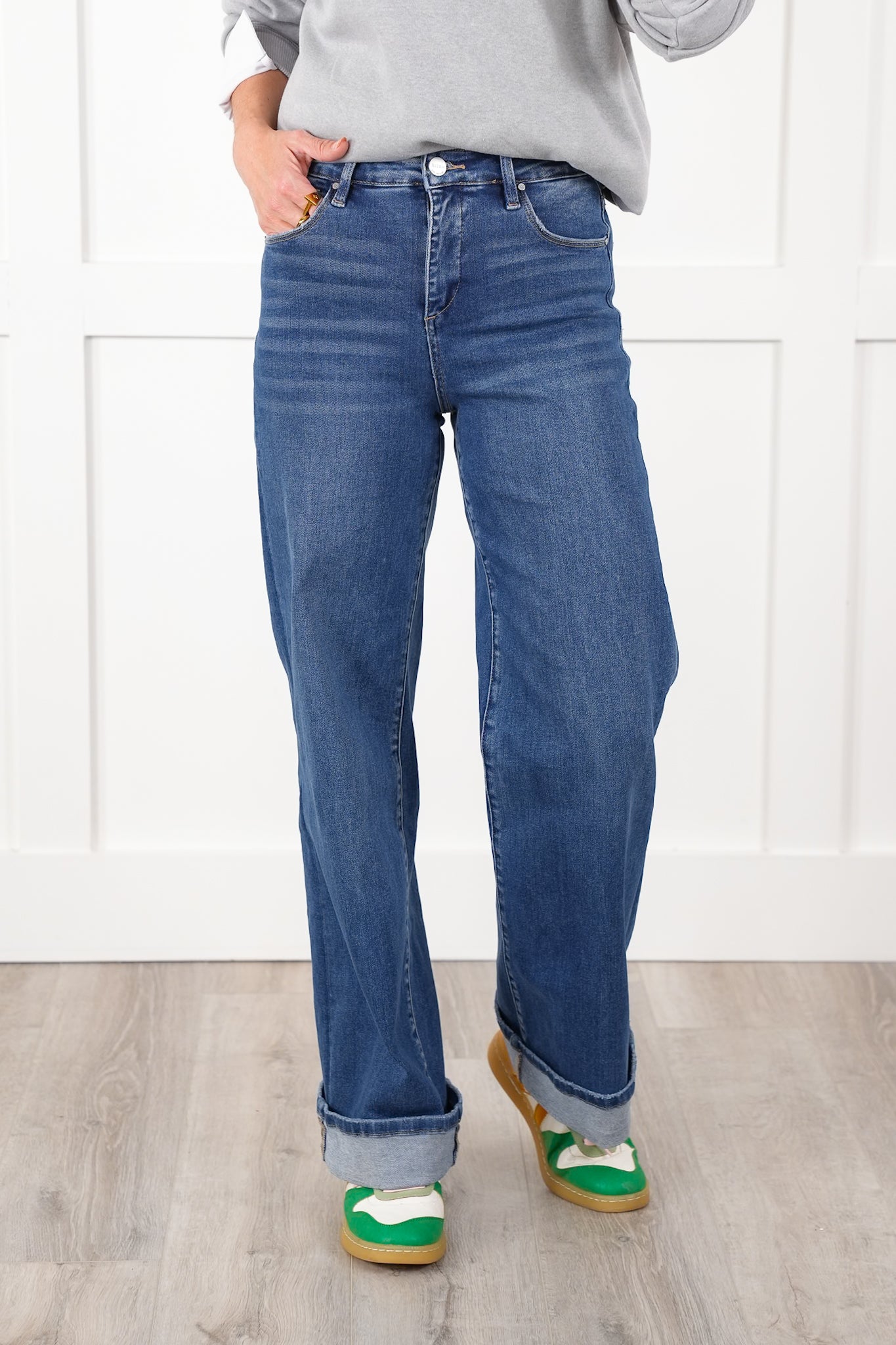 Risen High Rise Dark Wash Tummy Control Wide Leg Long Inseam Cuffed Jeans