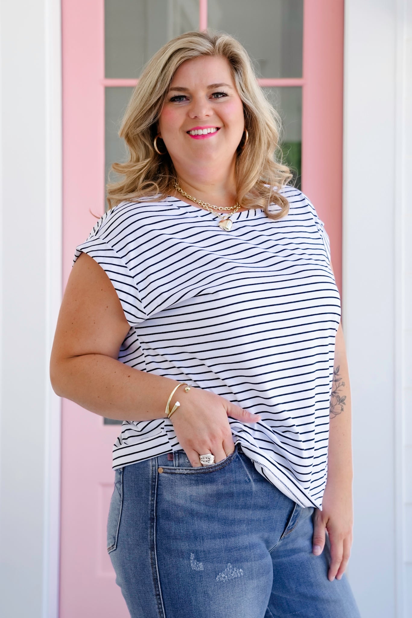 Plus/Reg Stripe Short Cap Sleeve Crew Neck Top