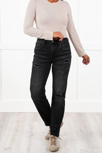 Risen Black Distressed Mid Rise Boyfriend Jeans