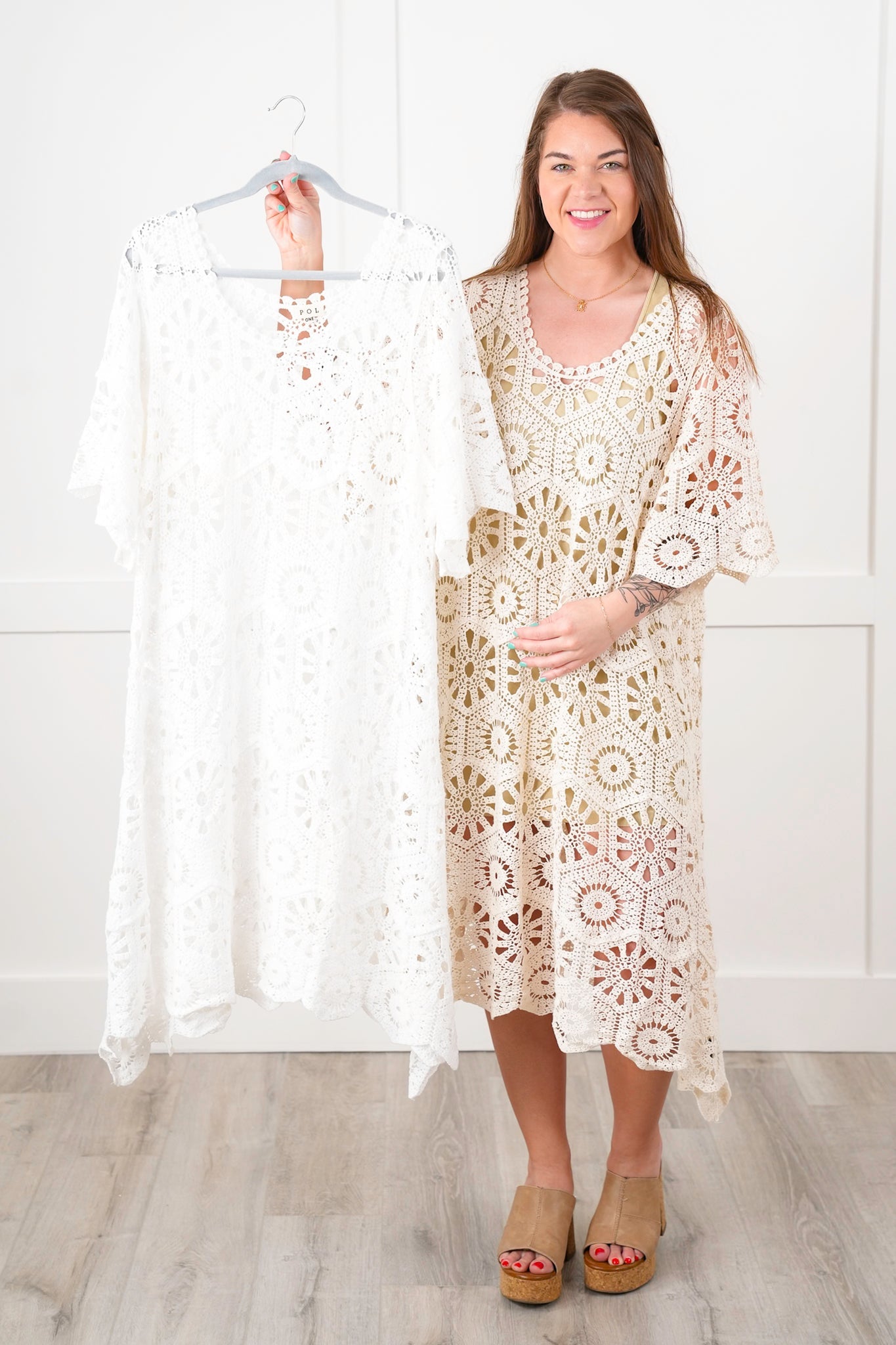 Restock! POL Crochet Short Sleeve Scoop Neck Cover Up Dress