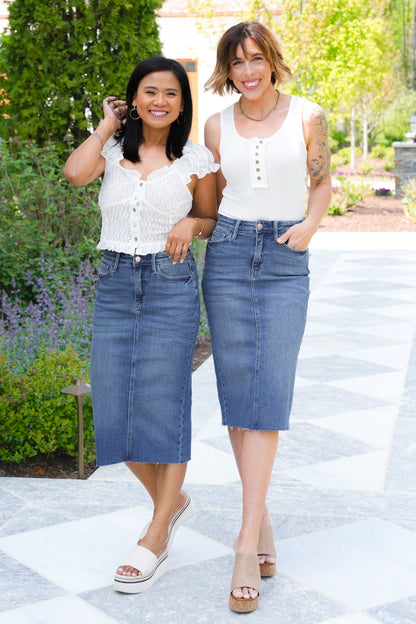 Judy Blue High Rise Medium Wash Mid Length Skirt