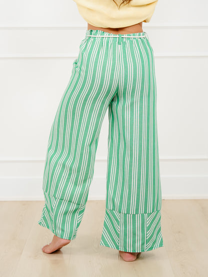 Stripe Linen Elastic Waist Wide Leg Pants