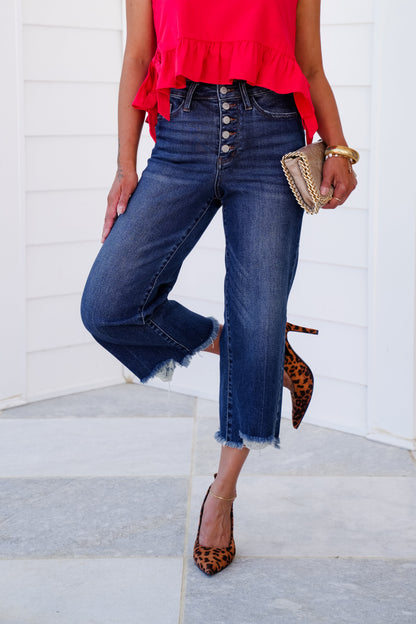 Judy Blue High Rise Medium Wash Button Fly Distressed Hem Cropped Wide Leg Jeans