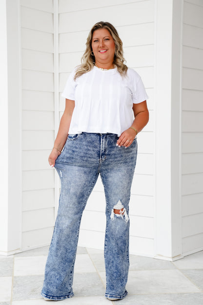 Risen Crush Hour High Rise Medium Acid Wash Distressed Flare Jeans