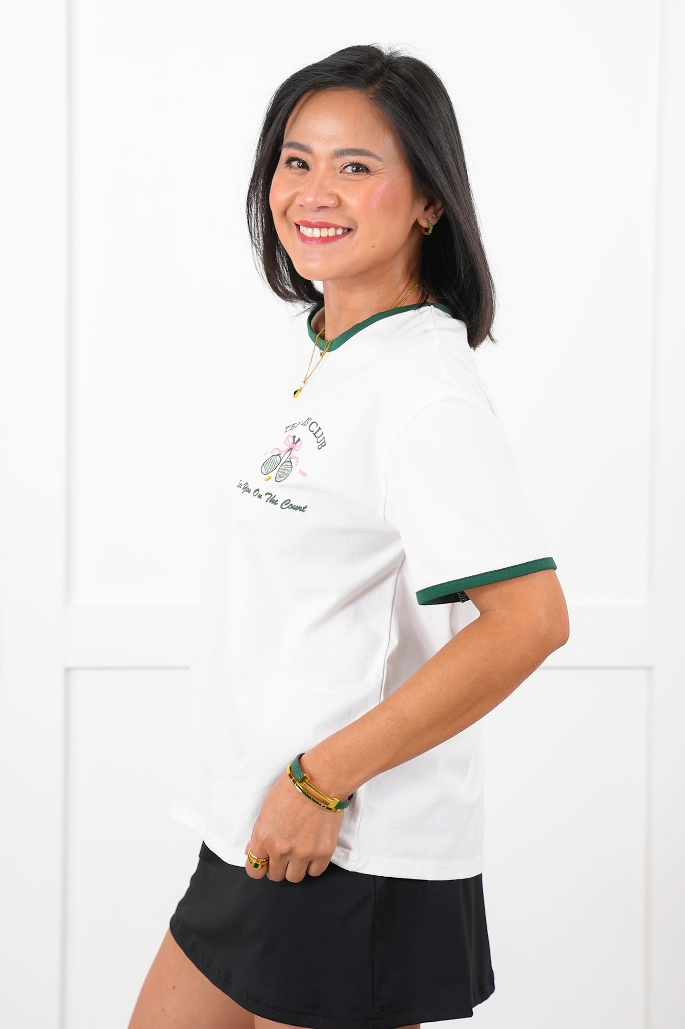 Embroidered "Tennis Club" Short Sleeve Round Neck Top
