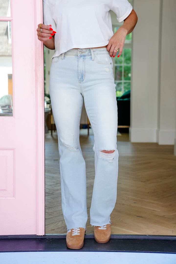 Judy Blue Mid Rise Light Wash Distressed Bootcut Jeans with Frayed Hem