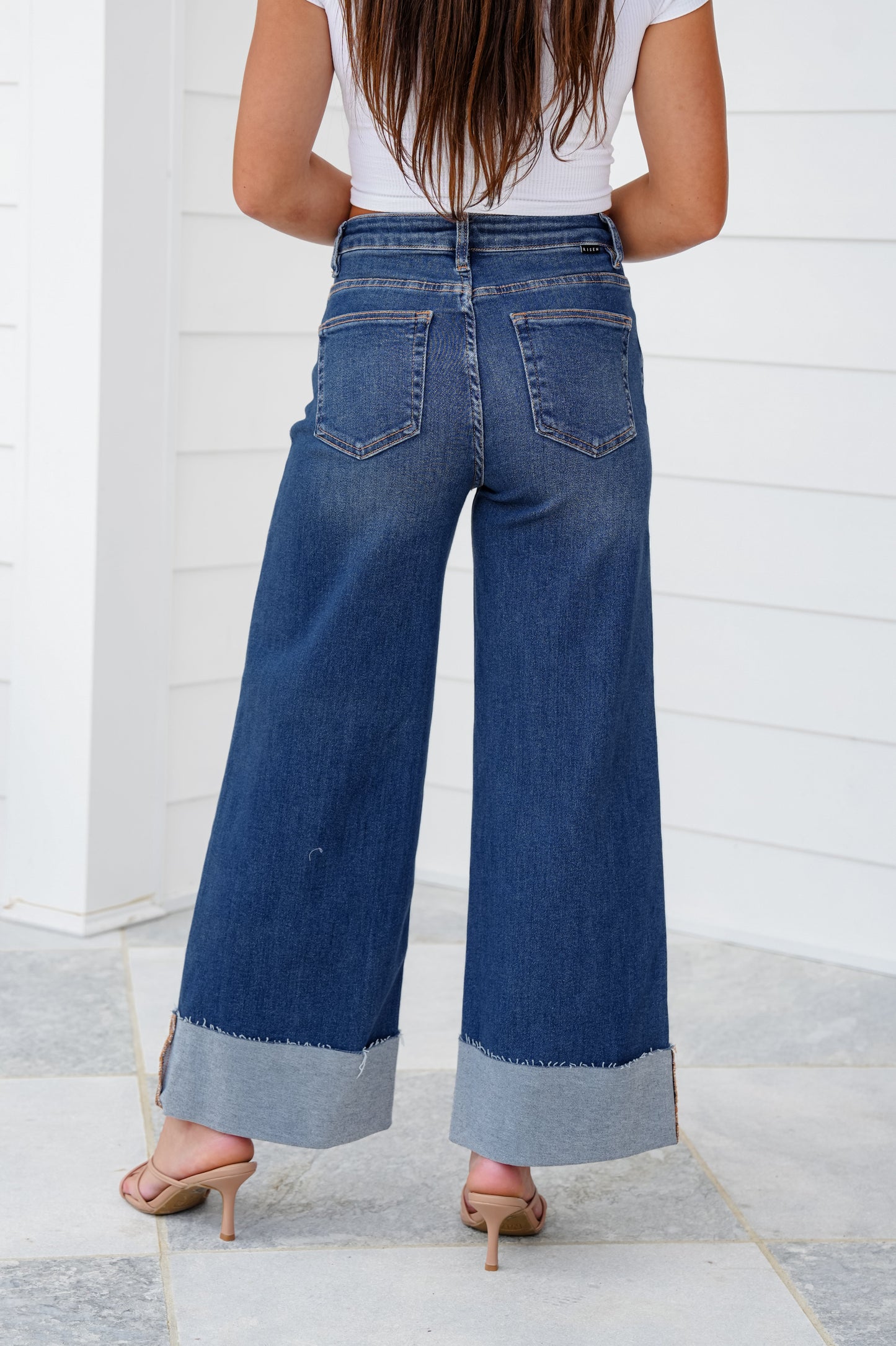 Risen High Rise Dark Wash Tummy Control Cuffed Wide Leg Jeans