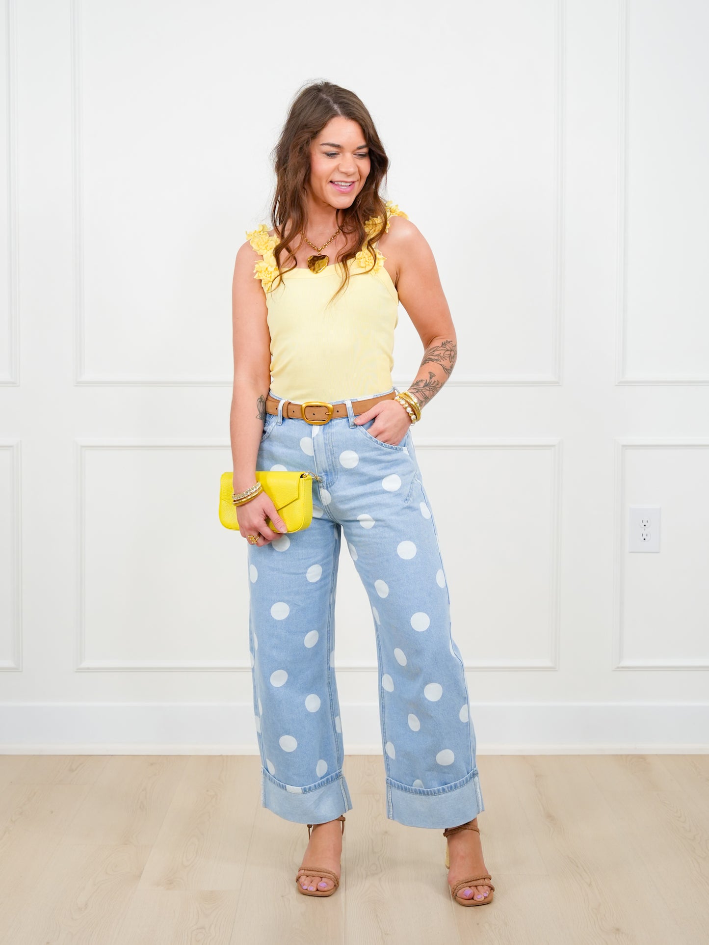 Yellow Ribbed Knit Sleeveless Flower Strap Tank Top