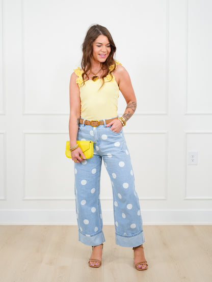 Yellow Ribbed Knit Sleeveless Flower Strap Tank Top