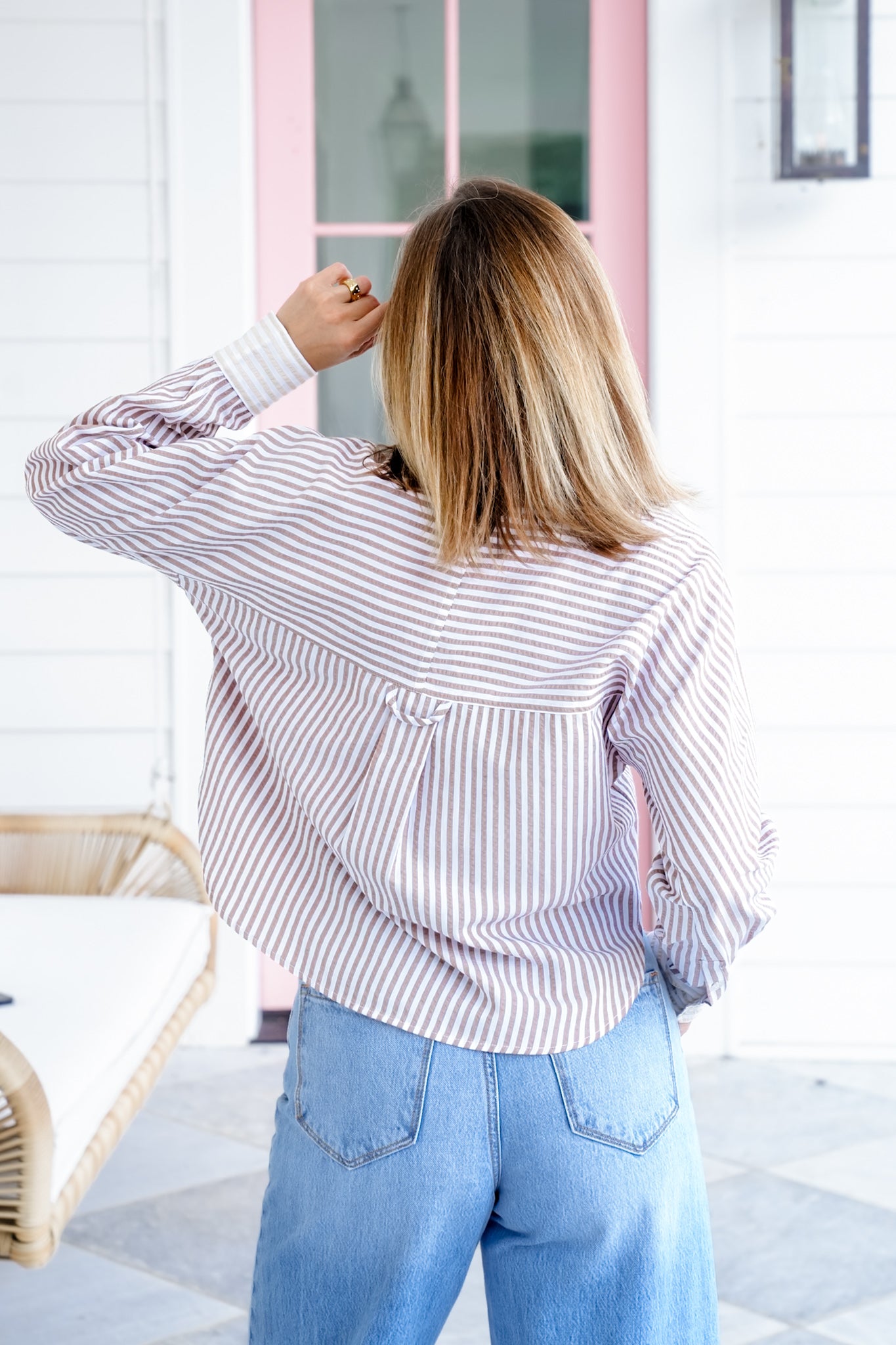 Stripe Color Block Long Sleeve Button Down Top