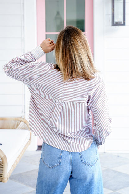 Stripe Color Block Long Sleeve Button Down Top
