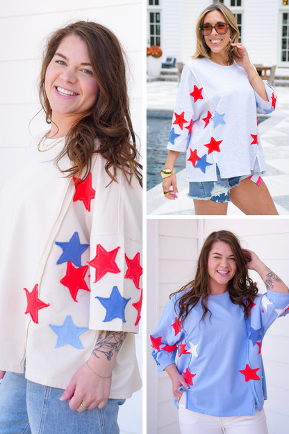 Restock! Plus/Reg Knit 3/4 Sleeve Pullover Top with Star Patch Detail