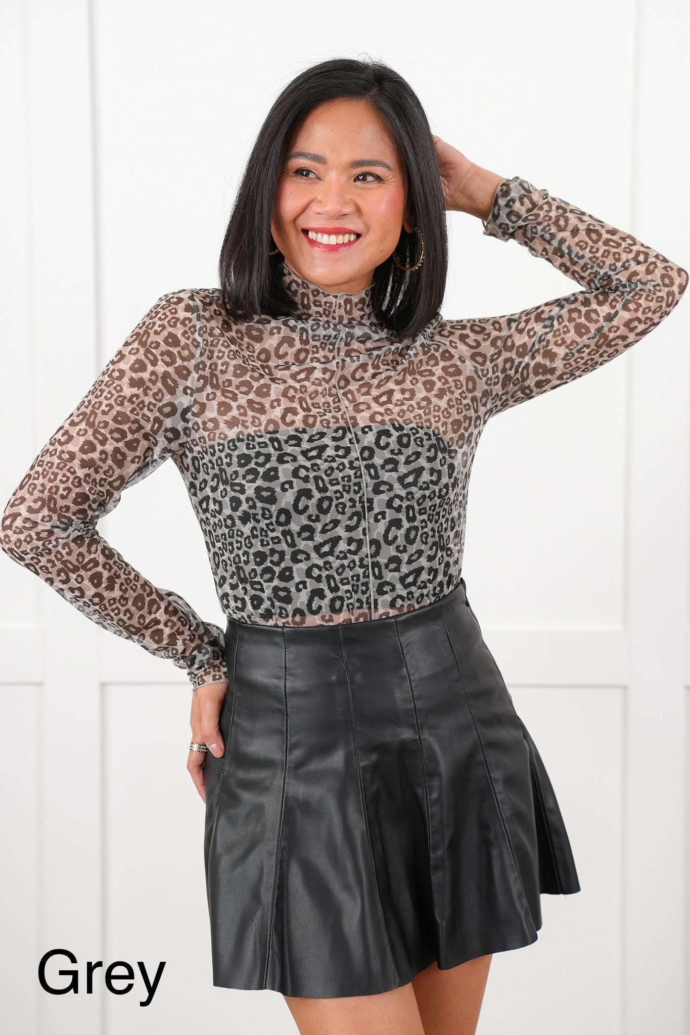 Leopard Mesh Long Sleeve Top with Lettuce Edge Detail