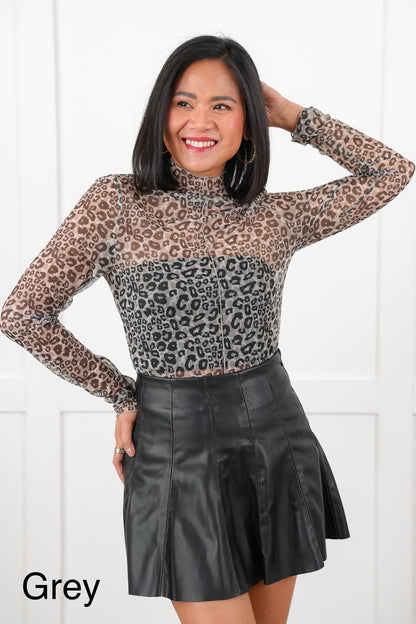Leopard Mesh Long Sleeve Top with Lettuce Edge Detail