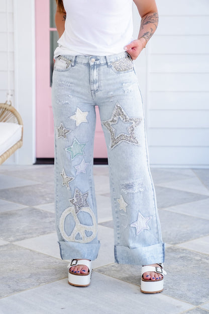 Mineral Wash Wide Leg Denim Jeans with Star Patchwork Detail