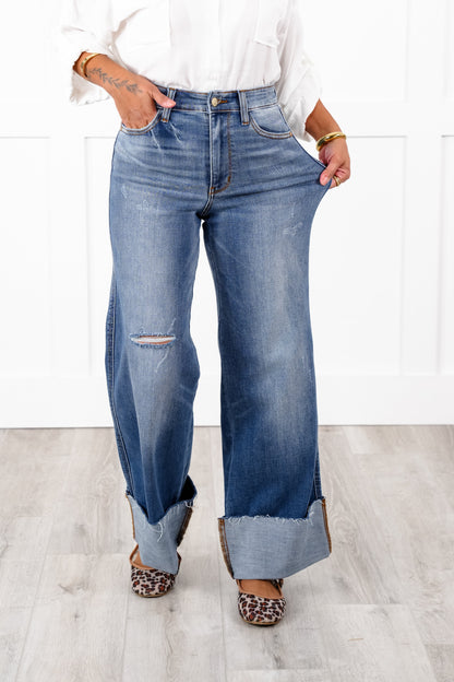 Judy Blue High Rise Medium Wash Retro Wide Leg Jeans with Cuff