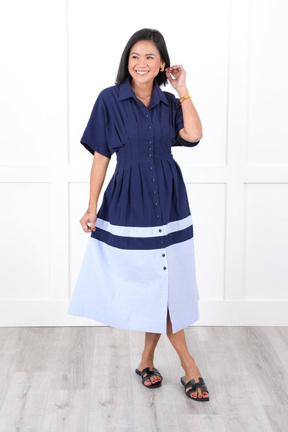 Color Block Short Sleeve Button Down Midi Dress