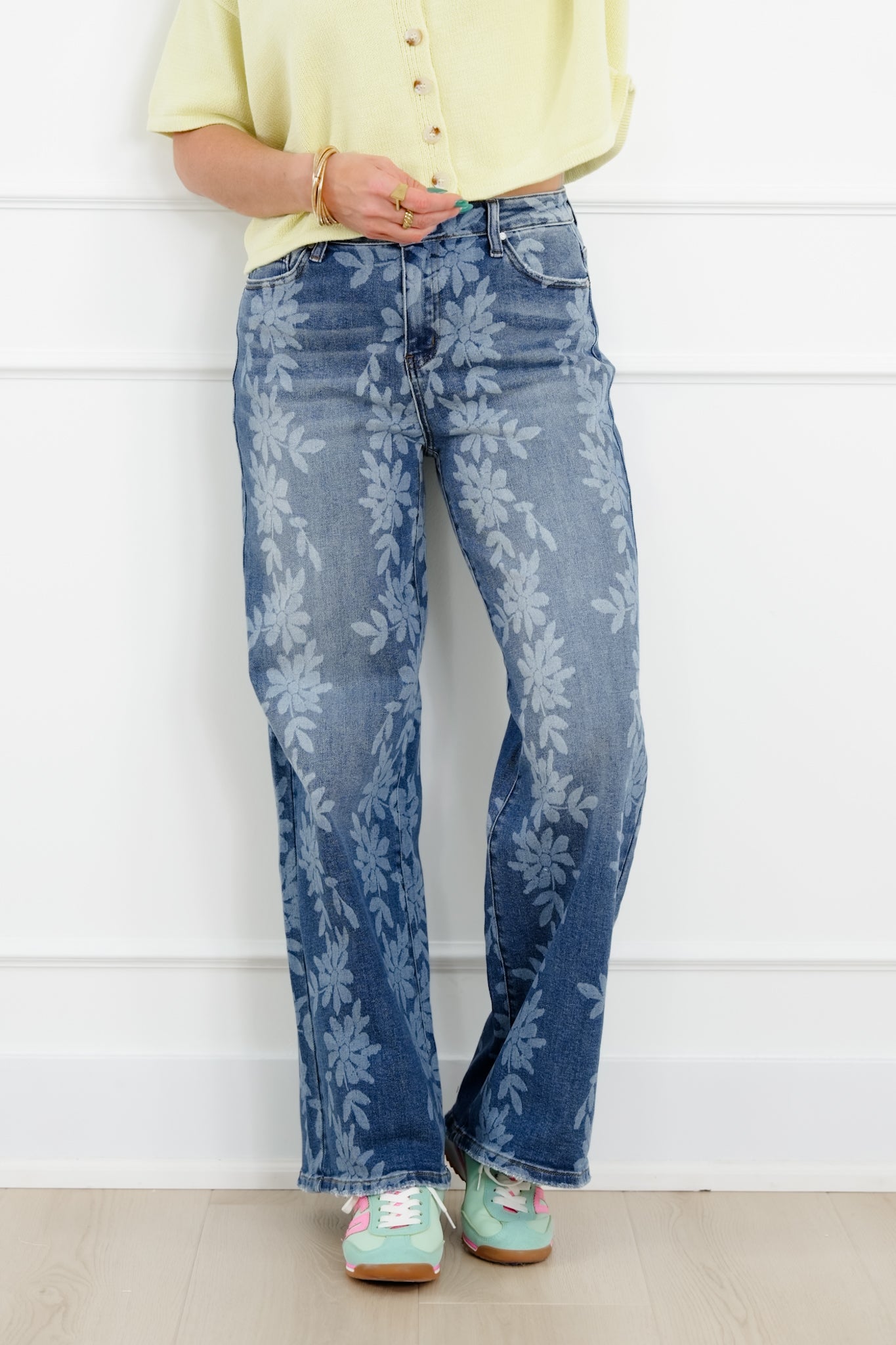 Daisy Print High Waist Wide Leg Jeans