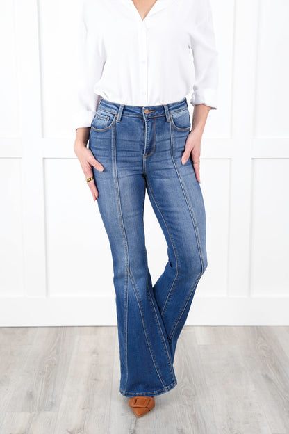 Risen High Rise Dark Wash Flare Jeans with Front Seam Detail