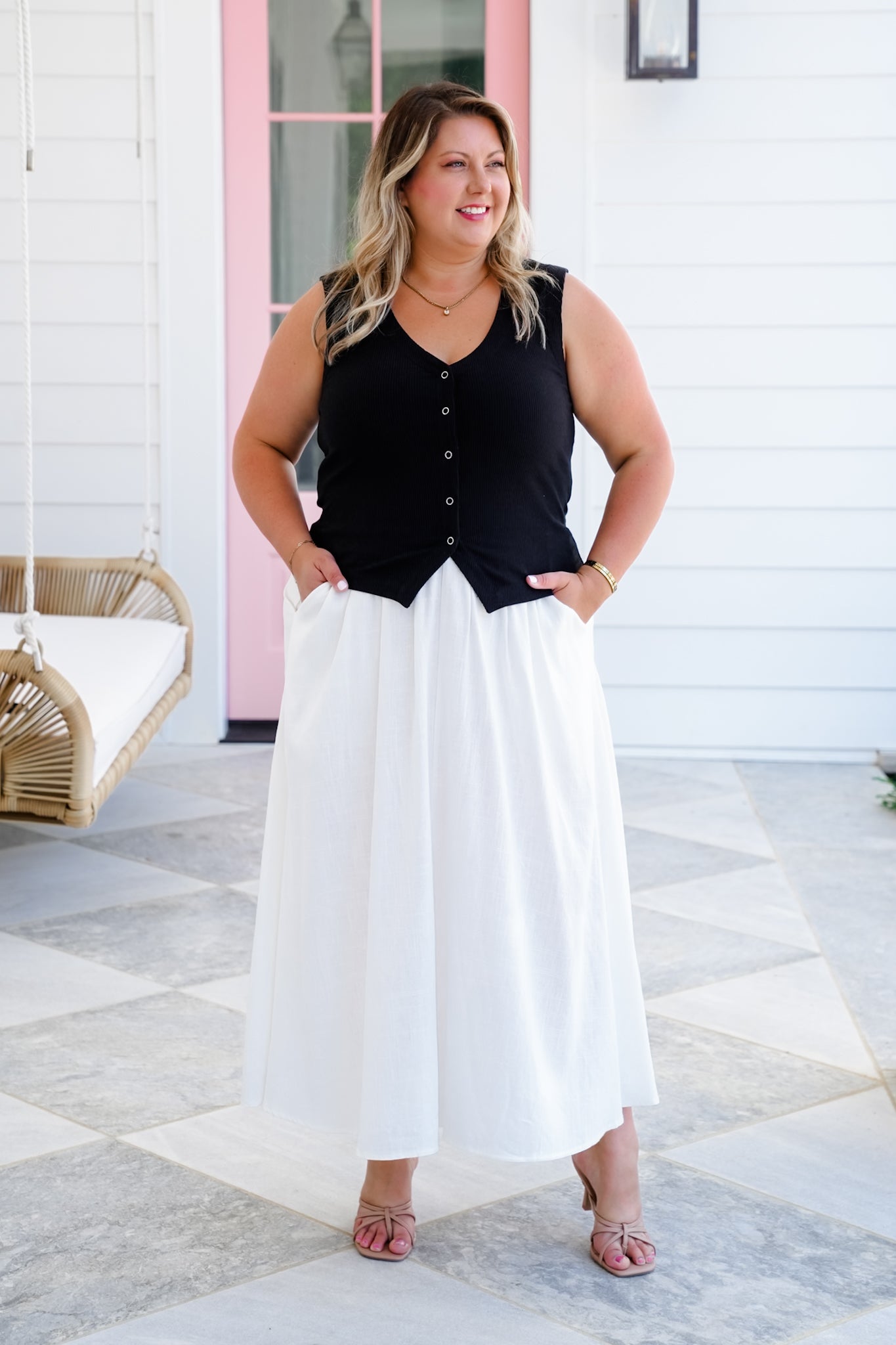 Plus/Reg Ribbed Knit V-Neck Snap Button Down Vest