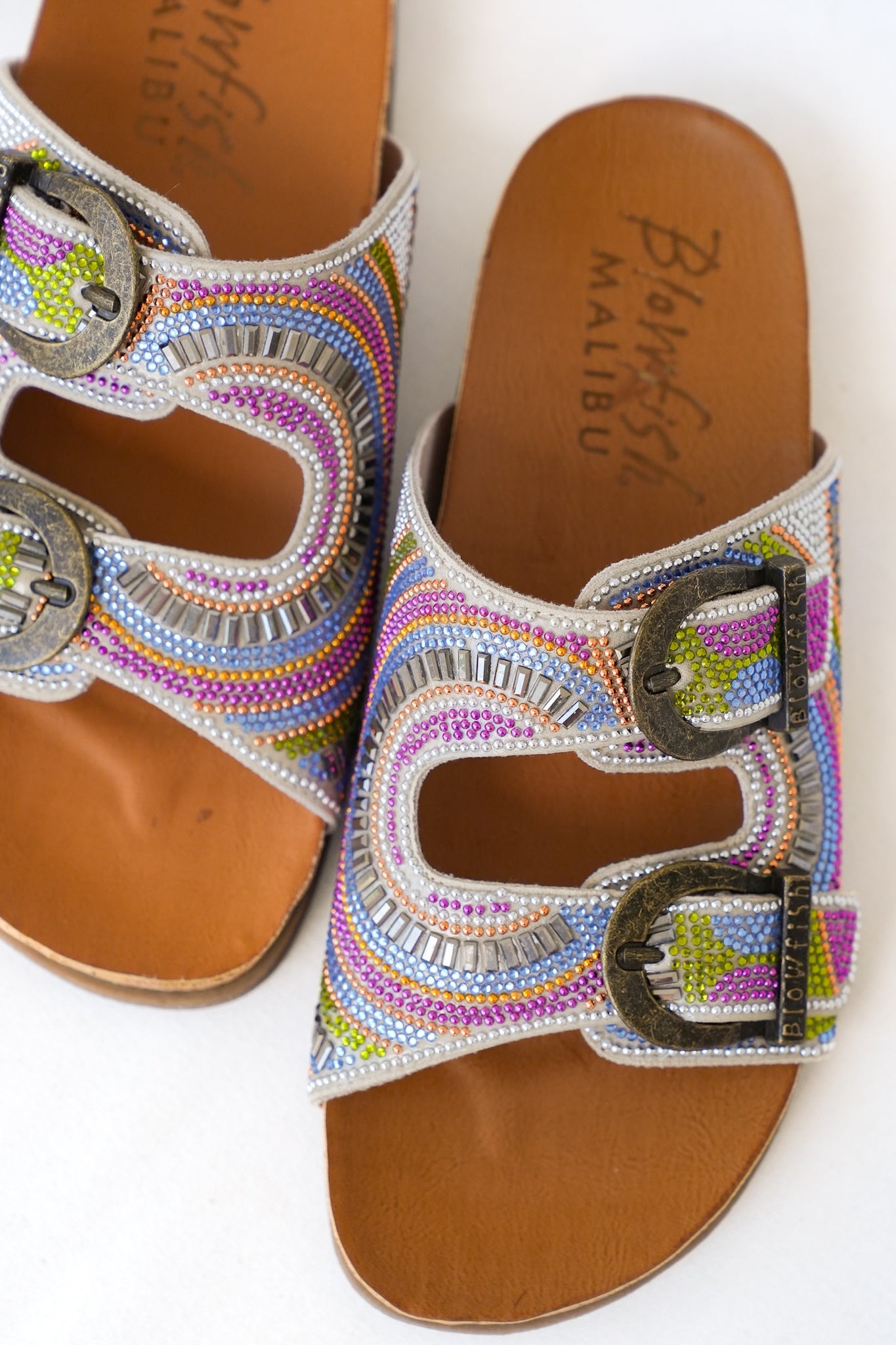 Restock! Blowfish Multicolor Embellished Cork Slide Sandals with Adjustable Buckle Detail