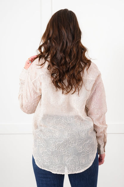 Plus/Reg Shimmering Sheer Floral Long Sleeve Button Up Top