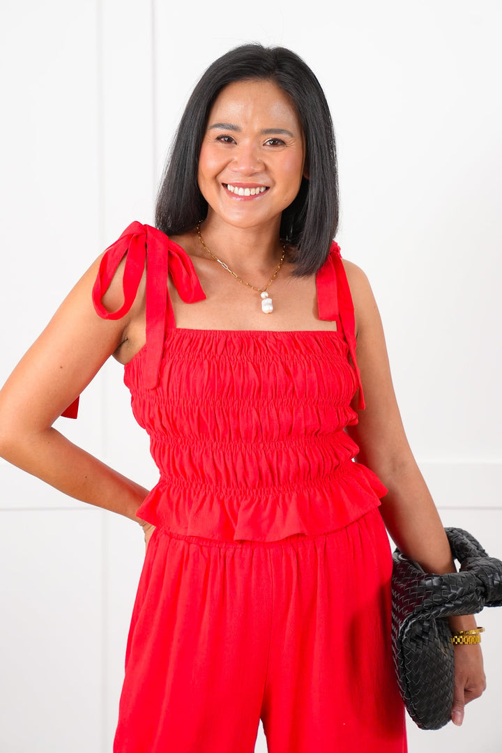 Linen Blend Sleeveless Smocked Top with Tie Straps