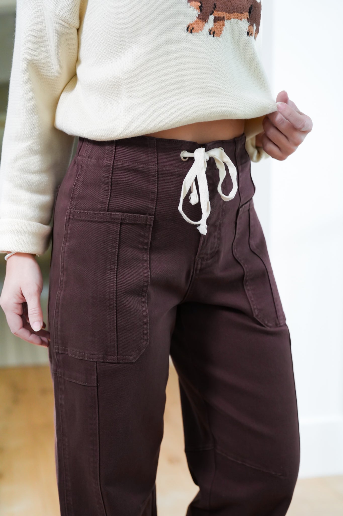 Risen High Rise Brown Wide Leg Barrel Cargo Jeans with Cuff
