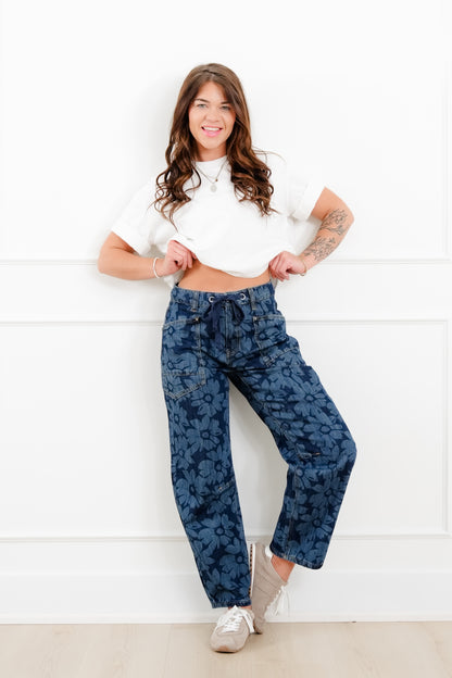 Risen Mid Rise Dark Wash Floral Relaxed Barrel Jeans