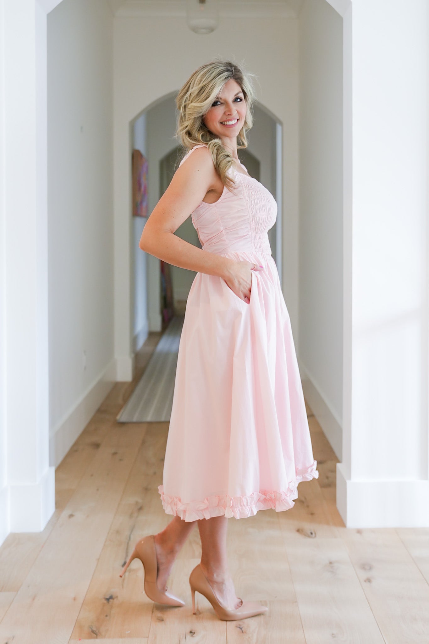 Sleeveless Smocked Midi Dress with Ruffle Hem