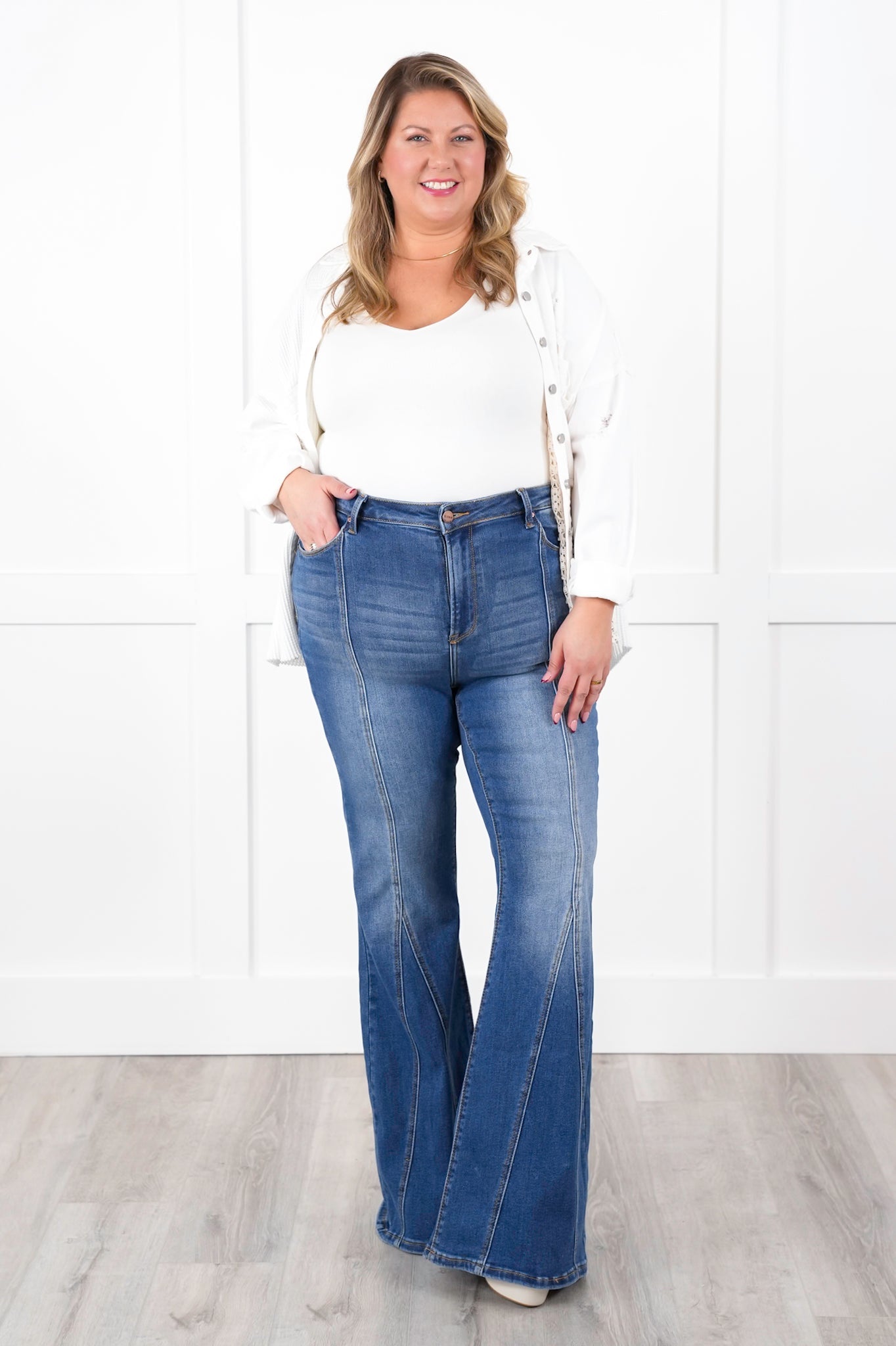 Risen High Rise Dark Wash Flare Jeans with Front Seam Detail