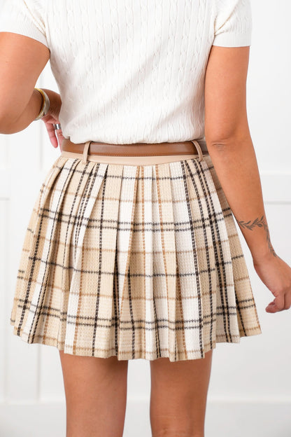 Ivory Plaid Pleated Skirt with Side Zipper