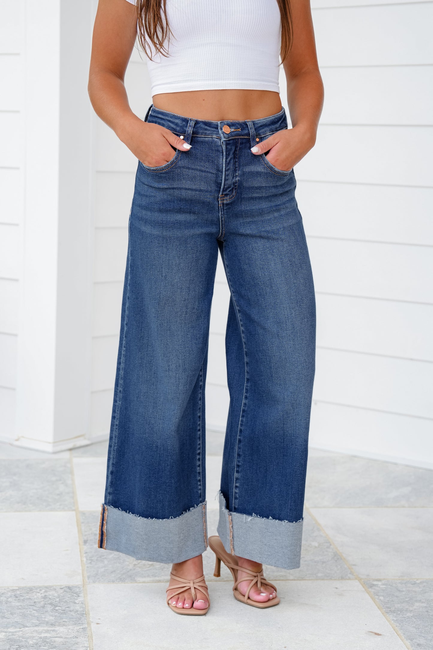 Risen High Rise Dark Wash Tummy Control Cuffed Wide Leg Jeans