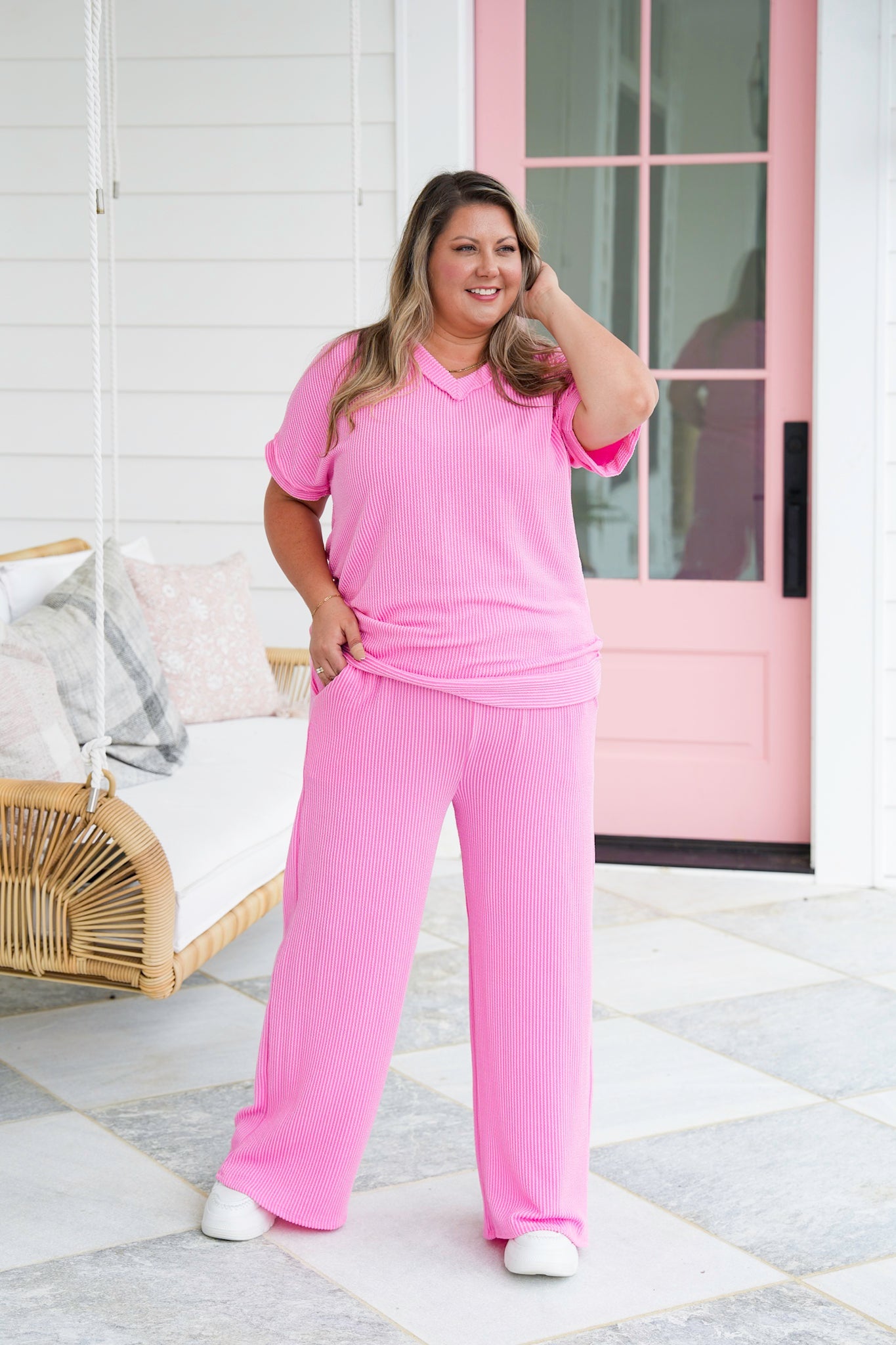 Ribbed Short Sleeve V Neck Top With Elastic Waistband Lounge Pant Set (Multiple Colors)