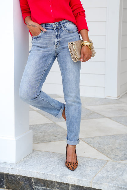 Judy Blue Work From Home Mid Rise Bleach Washed Boyfriends