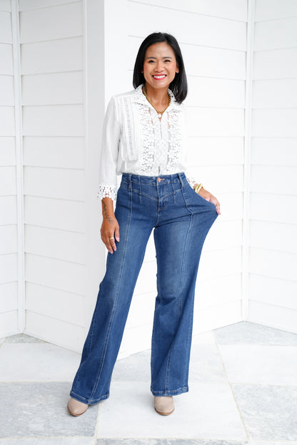 Risen High Rise Dark Wash Wide Leg Jeans with Front Yoke Detail