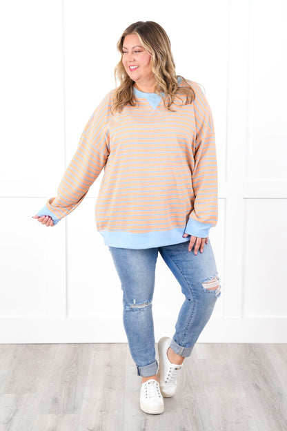 Striped French Terry Long Sleeve Pullover Sweatshirt