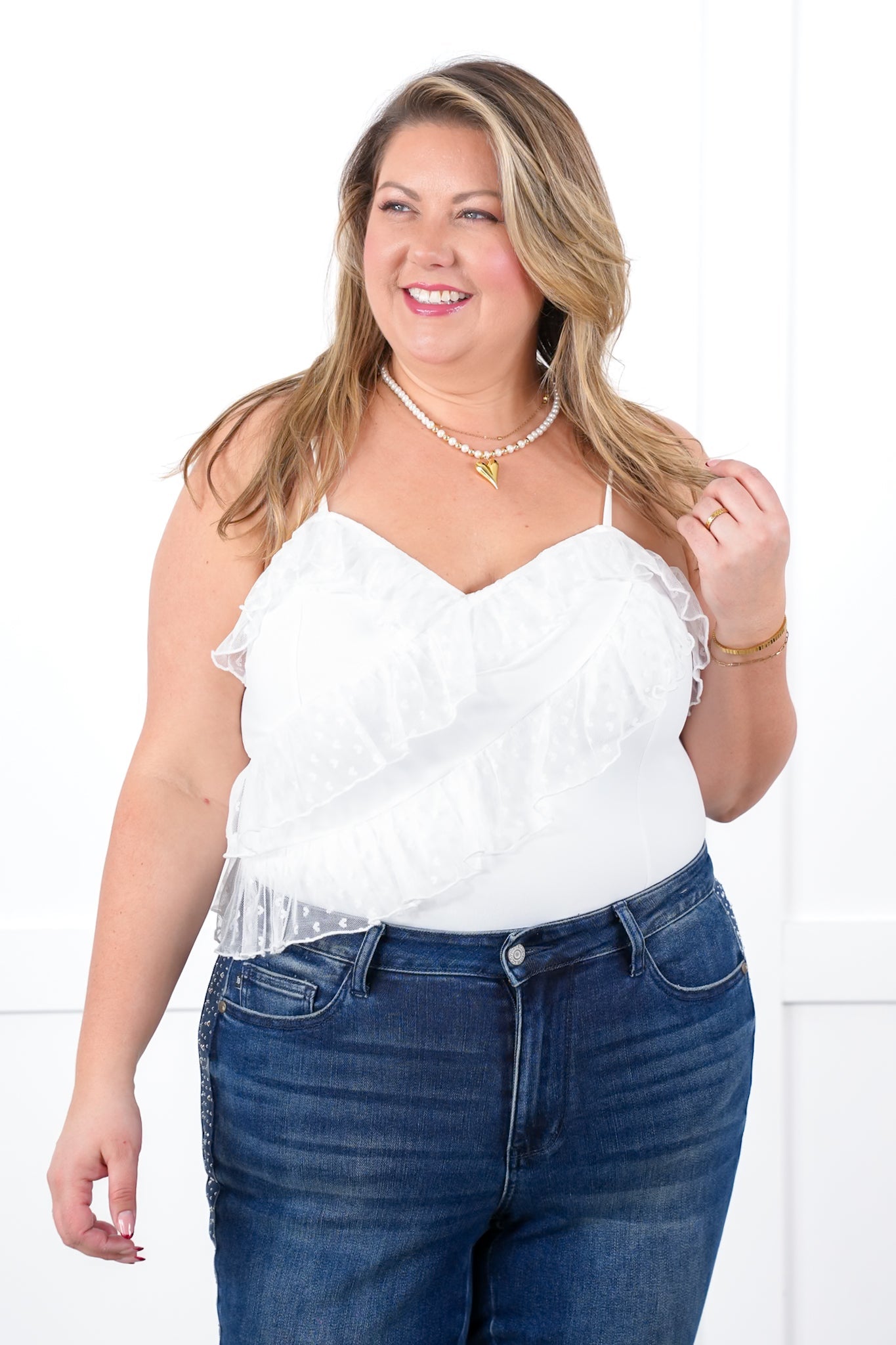Plus/Reg White Sleeveless Bodysuit with Heart Mesh Ruffle Detail