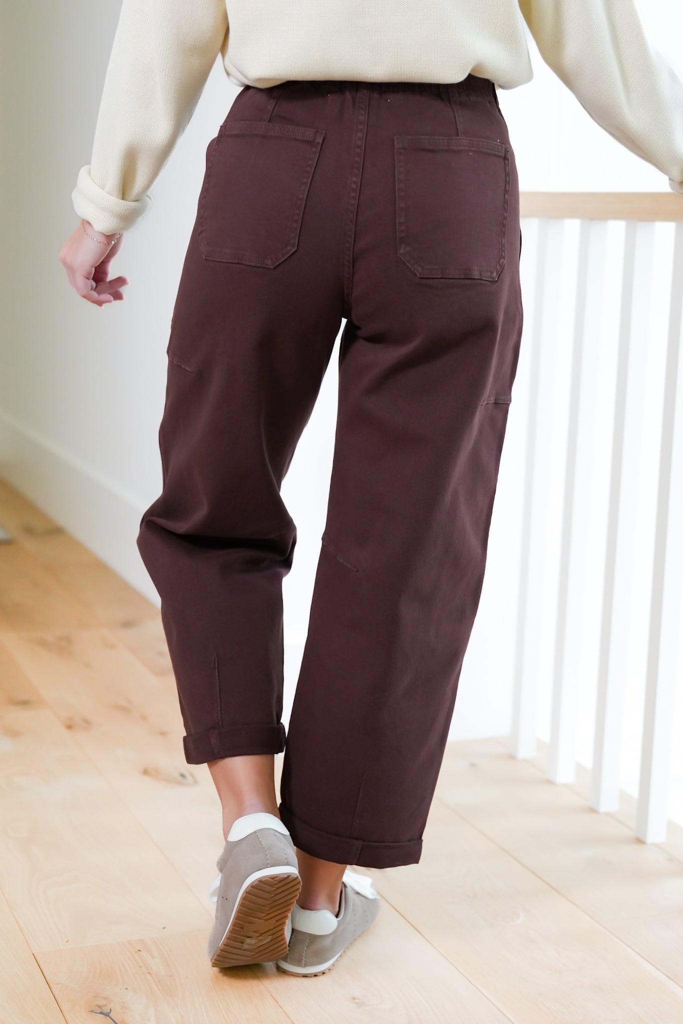 Risen High Rise Brown Wide Leg Barrel Cargo Jeans with Cuff