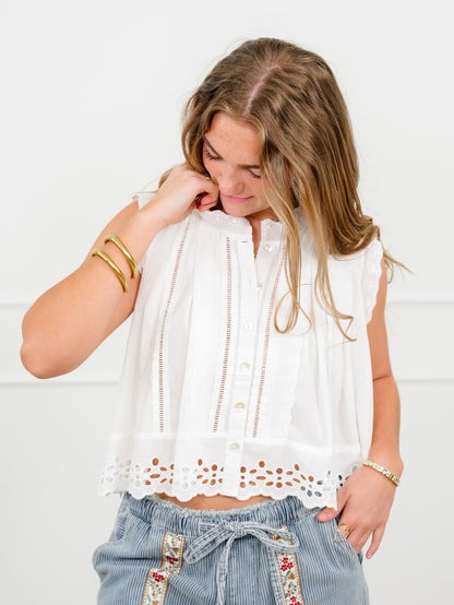 Floral Eyelet Sleeveless Button Up Blouse