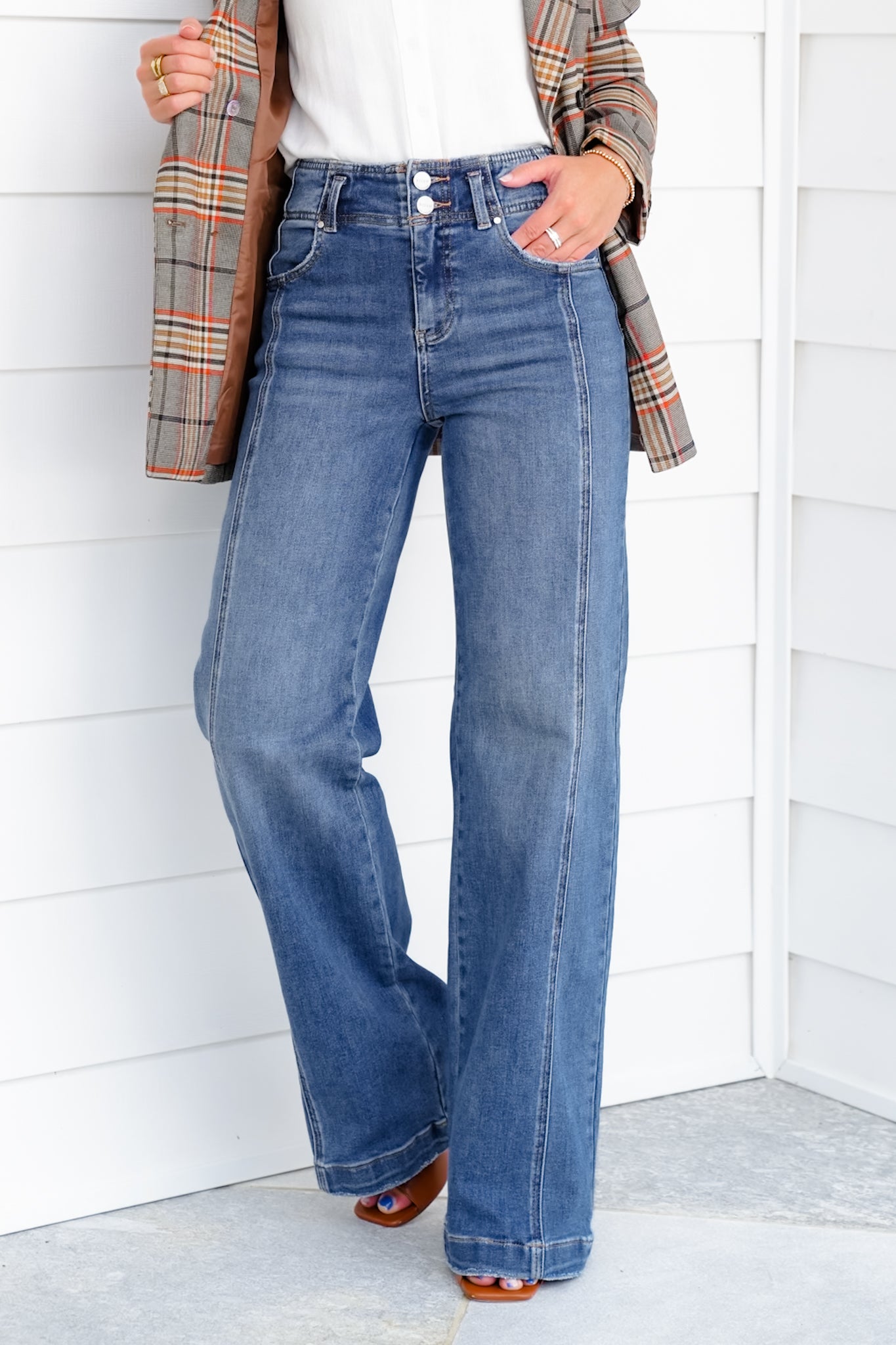 Risen The Statement Straight High Rise Medium Wash Ankle Wide Leg Jeans with Front Seam